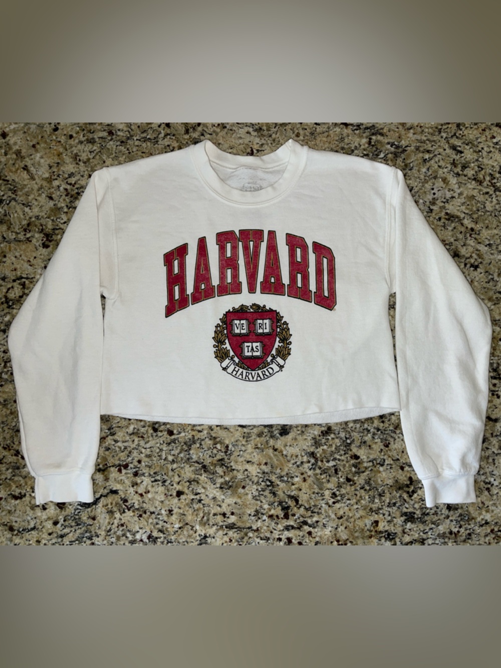 Harvard Women's White Cropped Sweatshirt with Crimson Logo